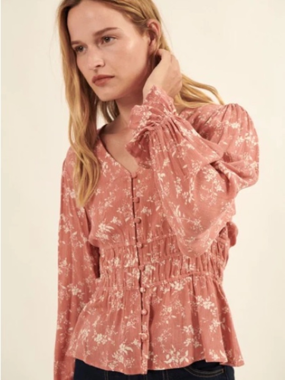 Promesa Dusty Rose Floral Peplum Blouse S/M/L Read DESCRIPTION